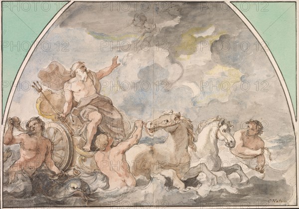 The Triumph of Neptune, 1766 or later. Charles Joseph Natoire (French, 1700-1777). Watercolor and black chalk on two sheets of cream laid paper; image: 23.8 x 34.1 cm (9 3/8 x 13 7/16 in.); mounted: 34 x 44 cm (13 3/8 x 17 5/16 in.).