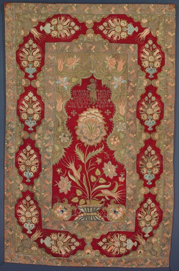 Embroidered Armenian liturgical curtain, 1763. Turkey, Constantinople/Istanbul, Ottoman period. Twill weave: wool; embroidery, chain stitch: silk, gilt- and silver-metal thread; overall: 183 x 119.4 cm (72 1/16 x 47 in.)