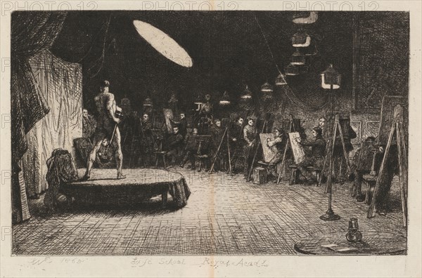 Life School Royal Academy, 1865. Charles West Cope (British,1811-1890). Etching; sheet: 25.2 x 31.2 cm (9 15/16 x 12 5/16 in.); platemark: 19.6 x 28 cm (7 11/16 x 11 in.)