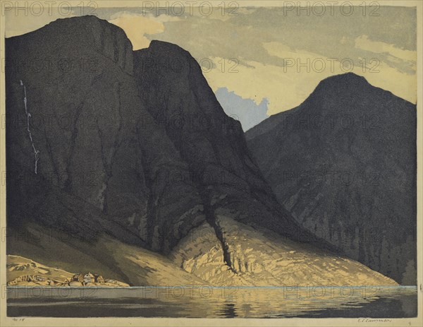 [Mountain View with Water]. Edward Louis Laurenson (British, 1868-1940). Color aquatint with roulette