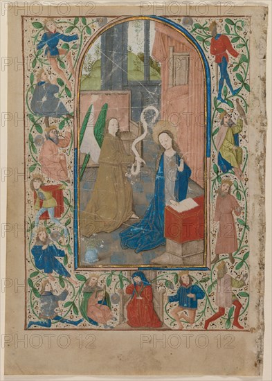 Leaf from a Book of Hours: The Annunciation (recto), 1470s. Flanders, Ghent (?), 15th century. Ink, tempera and gold on vellum; leaf: 17.9 x 12.5 cm (7 1/16 x 4 15/16 in.)