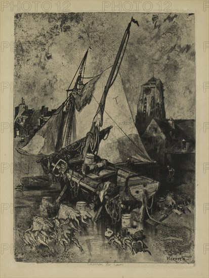 Fishing Boats, Normandy (Environ de Caen), c. 1862-1864. Louis Adolphe Hervier (French, 1818-1879). Etching, roulette, drypoint and aquatint; sheet: 47 x 31 cm (18 1/2 x 12 3/16 in.); platemark: 32.3 x 24.5 cm (12 11/16 x 9 5/8 in.).