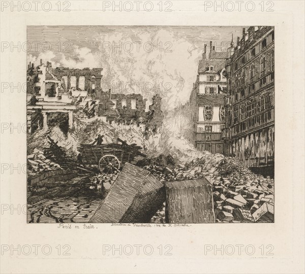 Paris en Train. Démolition du théâtre du Vaudeville: rue du Dix-Decembre, 1869. Alfred Taiée (French, 1820-1880). Etching; sheet: 29.9 x 44.7 cm (11 3/4 x 17 5/8 in.); image: 21.6 x 24.5 cm (8 1/2 x 9 5/8 in.)