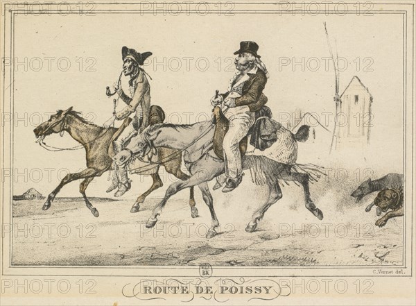Route de Poissy, Route de St. Cloud, Route de Poste, Route du Marche: Scenes of Daily Life, Roads and Paths: Road to Poissy (Scènes de la vie quotidienne, Routes et Chemins: Route de Poissy), 1816. Carle Vernet (French, 1758-1836), Published by Bance. Lithograph gravure en couleurs a l'aquantinte par Debucourt; sheet: 9.1 x 14 cm (3 9/16 x 5 1/2 in.); image: 8.3 x 11.5 cm (3 1/4 x 4 1/2 in.).