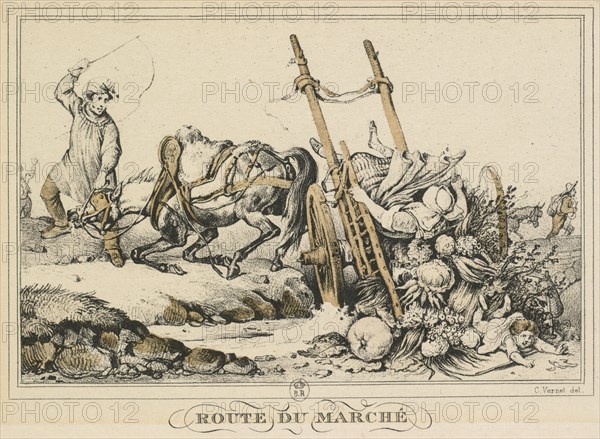 Scenes of Daily Life, Roads and Paths: Road to Market (Scènes de la vie quotidienne, Routes et Chemins: Route du Marché), 1819. Carle Vernet (French, 1758-1836). Lithograph gravure en couleurs a l'aquantinte par Debucourt; sheet: 9.1 x 14.1 cm (3 9/16 x 5 9/16 in.); image: 8.3 x 11.4 cm (3 1/4 x 4 1/2 in.)