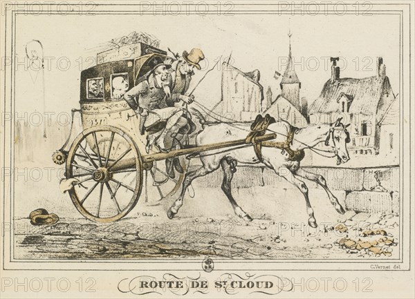 Scenes of Daily Life, Roads and Paths: Road to Saint-Cloud (Scènes de la vie quotidienne, Route et Chemins: Route de Saint-Cloud), 1816. Carle Vernet (French, 1758-1836), Bance. Lithograph gravure en couleurs a l'aquantinte par Debucourt; sheet: 9 x 14 cm (3 9/16 x 5 1/2 in.); image: 8.4 x 11.6 cm (3 5/16 x 4 9/16 in.)