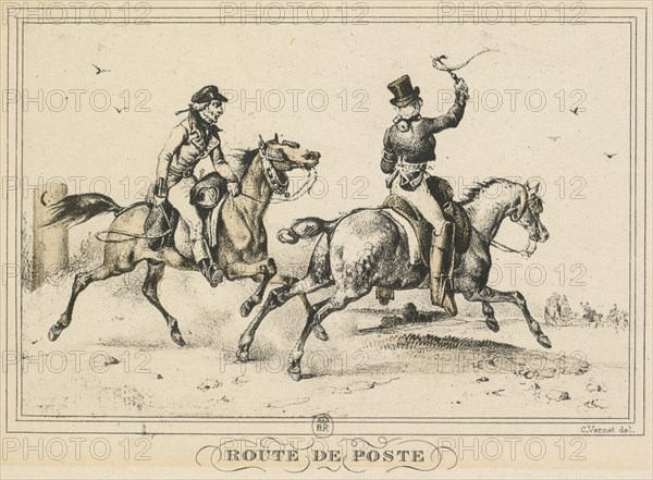 Scenes of Daily Life, Roads and Paths: Mail Route (Scènes de la vie quotidienne, Route et Chemins: Route de Poste), 1817. Carle Vernet (French, 1758-1836), Bance. Lithograph gravure en couleurs a l'aquantinte par Debucourt; sheet: 9 x 14.1 cm (3 9/16 x 5 9/16 in.); image: 8.3 x 11.4 cm (3 1/4 x 4 1/2 in.).