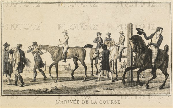 L'Arrivee de la Course, Les Jockeys Montes, La Course: Racing Scenes: A Horse Arriving at the Race (Scènes Hippiques: Cheval arrivant de la chasse). Carle Vernet (French, 1758-1836), Jazet and Aumont. Lithograph; sheet: 9.1 x 14.1 cm (3 9/16 x 5 9/16 in.); image: 6.6 x 10.9 cm (2 5/8 x 4 5/16 in.)