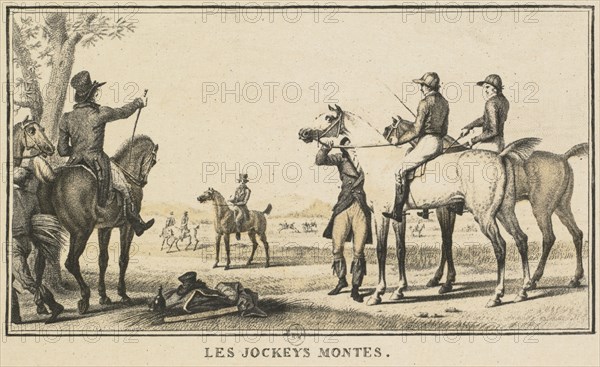 Racing Scenes: The Jockey Mounting the Horse (Scènes Hippiques: Le jockey montant a cheval). Carle Vernet (French, 1758-1836), Jazet and Aumont. Lithograph; sheet: 9.1 x 14.1 cm (3 9/16 x 5 9/16 in.); image: 6.6 x 10.9 cm (2 5/8 x 4 5/16 in.)