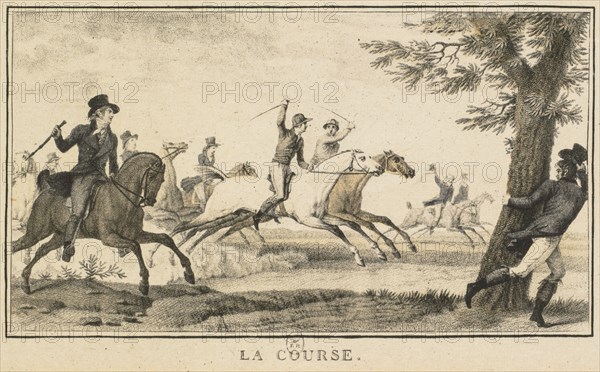 Racing Scenes: The Race (Scènes Hippiques: La course). Carle Vernet (French, 1758-1836), Gravure en noir a l'aquatinte par Jazet, published by Jazet and Aumont. Lithograph; sheet: 9.1 x 14.1 cm (3 9/16 x 5 9/16 in.); image: 6.6 x 10.9 cm (2 5/8 x 4 5/16 in.)