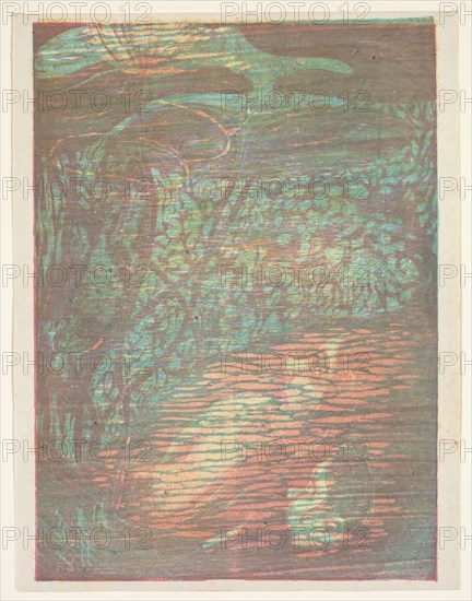published in Le Centure by Jacques Emil Blanche, Henri Heran and Paul Ranson: Frightened Nymph (Nymphe Effraye), 1896. Paul Herrmann (French, 1864-1940). Color woodcut and lithograph; sheet: 23 x 16.5 cm (9 1/16 x 6 1/2 in.); image: 23.5 x 18.1 cm (9 1/4 x 7 1/8 in.)
