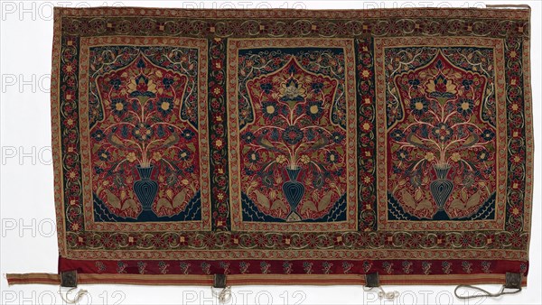 Royal Round Tent made for Muhammad Shah (wall panel with three panels C), 1834-1848. Iran, Rasht, Qajar period (1779-1925). Rescht work; wool with silk embroidery (chain stitch), rope; overall: 167.6 x 286.4 cm (66 x 112 3/4 in.); panel: 165 cm (64 15/16 in.)