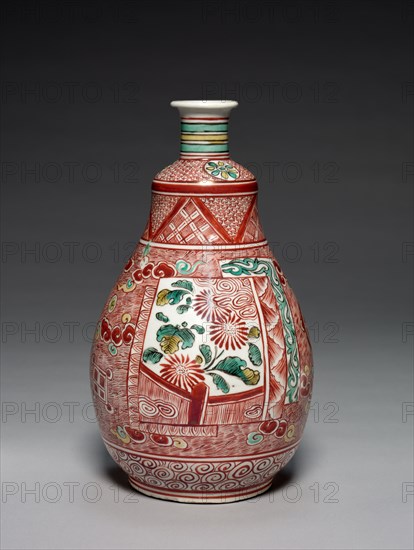 Tea Whisk-Shaped Sake Bottle, c. 1661–72. Japan, Edo period (1615-1868). Porcelain with overglaze enamel (Hizen ware, Kakiemon style); overall: 25.4 x 14.7 x 14.7 cm (10 x 5 13/16 x 5 13/16 in.).