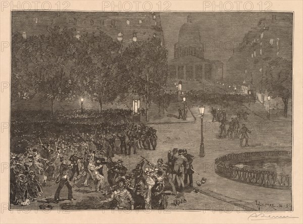 Bois du Monde: Les troubles du quartier Latin, 1882. Auguste Louis Lepère (French, 1849-1918), published in Le Monde Illustree, June 10, 1882, and later issued as signed print in the delux portfolio Bois du Monde. Wood engraving; sheet: 32.1 x 47 cm (12 5/8 x 18 1/2 in.); image: 15.6 x 22.1 cm (6 1/8 x 8 11/16 in.)