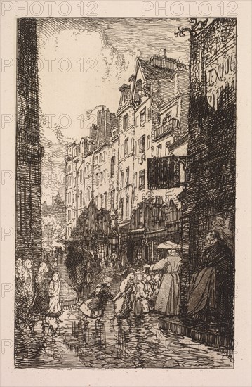 La Biévre, Les Gobelins, Saint-Séverin: Le Quartier Saint-Séverin: La Rue des Prêtres Saint-Séverin, 1901. Auguste Louis Lepère (French, 1849-1918). Etching; sheet: 29.4 x 21.5 cm (11 9/16 x 8 7/16 in.); platemark: 17.9 x 11.2 cm (7 1/16 x 4 7/16 in.).