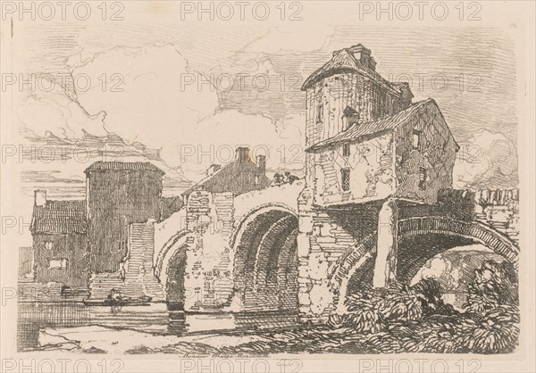 Liber Studiorum: Plate 26, Monnow Bridge, Monmouthshire, 1838. John Sell Cotman (British, 1782-1842). Softground etching, from a bound volume containing 48 plates; sheet: 49.6 x 32 cm (19 1/2 x 12 5/8 in.); platemark: 12.8 x 18.8 cm (5 1/16 x 7 3/8 in.)