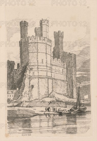 Liber Studiorum: Plate 28, Caernarvon Castle, N. Wales, 1838. John Sell Cotman (British, 1782-1842). Softground etching, from a bound volume containing 48 plates; sheet: 49.7 x 32 cm (19 9/16 x 12 5/8 in.); platemark: 19 x 12.5 cm (7 1/2 x 4 15/16 in.).