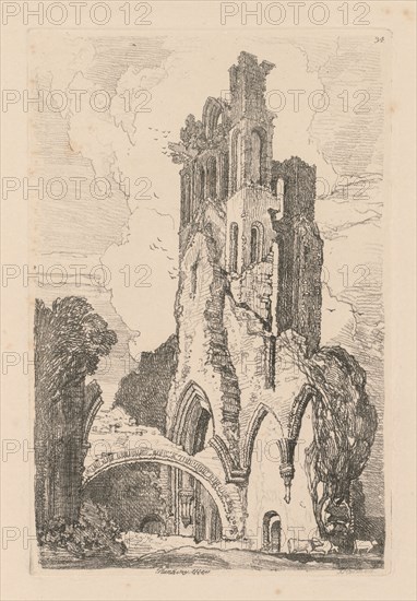 Liber Studiorum: Plate 34, Llanathony Abbey, Monmouthshire, 1838. John Sell Cotman (British, 1782-1842). Softground etching, from a bound volume containing 48 plates; sheet: 49.5 x 32 cm (19 1/2 x 12 5/8 in.); platemark: 18.7 x 12.5 cm (7 3/8 x 4 15/16 in.)