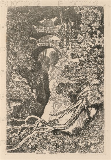 Liber Studiorum: Plate 10, The Devil's Bridge, Cardinganshire, 1838. John Sell Cotman (British, 1782-1842). Softground etching, from a bound volume containing 48 plates; sheet: 49.5 x 32 cm (19 1/2 x 12 5/8 in.); platemark: 18.6 x 12.7 cm (7 5/16 x 5 in.).