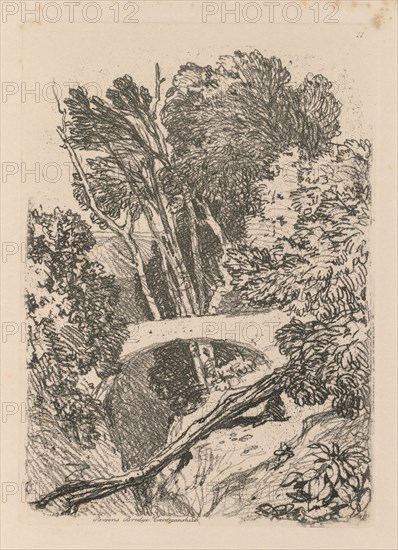 Liber Studiorum: Plate 11: Parson's Bridge, Cardingshire, 1838. John Sell Cotman (British, 1782-1842). Softground etching, from a bound volume containing 48 plates; sheet: 49.6 x 32 cm (19 1/2 x 12 5/8 in.); platemark: 17.6 x 12.5 cm (6 15/16 x 4 15/16 in.)