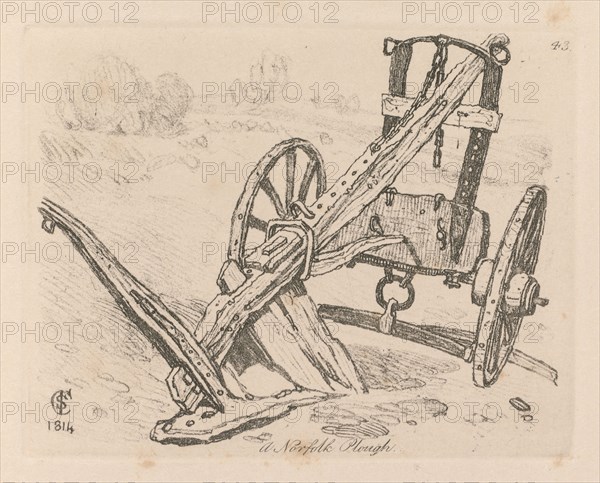 Liber Studiorum: Plate 43, A Norfolk Plough, 1814. John Sell Cotman (British, 1782-1842). Softground etching, from a bound volume containing 48 plates; sheet: 49.5 x 32 cm (19 1/2 x 12 5/8 in.); platemark: 8.6 x 11 cm (3 3/8 x 4 5/16 in.).