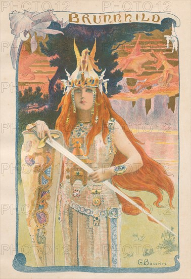 L'Estampe Moderne: Brunnhild, 1899. Gaston Bussiere (French, 1862-1929), Imprimerie Champenois. Color lithograph from bound volume containing 50 lithographs, each with a tissue paper guard; sheet: 40.2 x 30.5 cm (15 13/16 x 12 in.); image: 34.1 x 22.3 cm (13 7/16 x 8 3/4 in.)