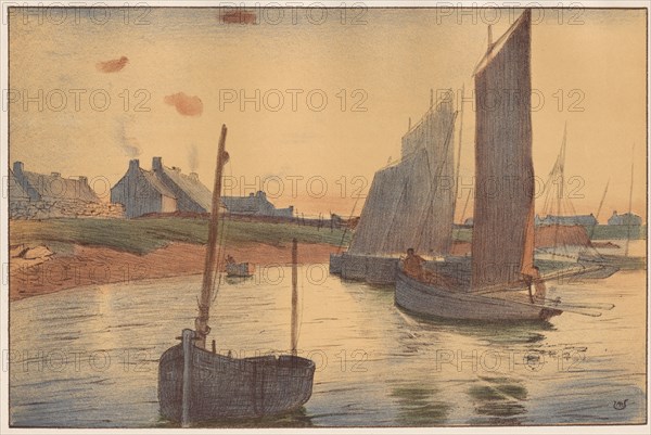 L'Estampe Moderne: Tristesse sur la Mer: Tristesse sur la Mer, 1898. Raoul André Ulmann (French, 1867-1932), Imprimerie Champenois. Color lithograph from bound volume containing 50 lithographs, each with a tissue paper guard; sheet: 39.9 x 30.5 cm (15 11/16 x 12 in.); image: 23.1 x 34.9 cm (9 1/8 x 13 3/4 in.)