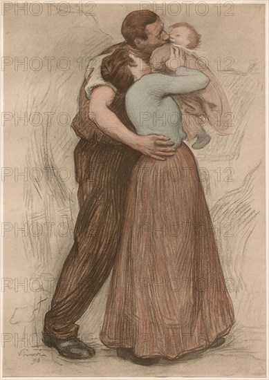 L'Estampe Moderne: Le Baiser: Le Baiser, 1898. Victor Emile Prouvé (French, 1858-1943), Imprimerie Champenois. Color lithograph from bound volume containing 50 lithographs, each with a tissue paper guard; sheet: 34.5 x 24.2 cm (13 9/16 x 9 1/2 in.); image: 34.5 x 24.2 cm (13 9/16 x 9 1/2 in.); secondary support: 40.1 x 30.3 cm (15 13/16 x 11 15/16 in.)