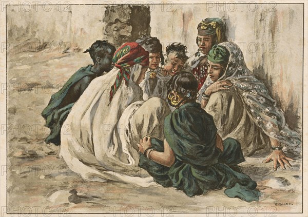 L'Estampe Moderne: Jeux de Fillettes à Laghouat, 1899. Étienne Dinet (French, 1861-1929), Imprimerie Champenois. Color lithograph from bound volume containing 50 lithographs, each with a tissue paper guard; sheet: 39.8 x 30.5 cm (15 11/16 x 12 in.); image: 24.4 x 34.5 cm (9 5/8 x 13 9/16 in.)