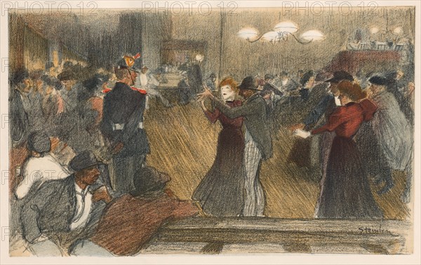 L'Estampe Moderne: Bal de Barrière, 1898. Théophile Alexandre Steinlen (Swiss, 1859-1923), Imprimerie Champenois; print tipped into volume along top edge.. Color lithograph from bound volume containing 50 lithographs, each with a tissue paper guard; sheet: 40.1 x 30.5 cm (15 13/16 x 12 in.); image: 21.1 x 34.6 cm (8 5/16 x 13 5/8 in.)