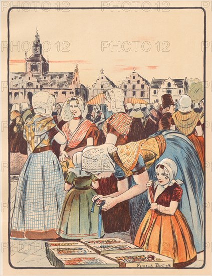 L'Estampe Moderne: Un Marché en Zélande, 1898. Fernand Piet (French, 1869-1942), Imprimerie Champenois. Color lithograph from bound volume containing 50 lithographs, each with a tissue paper guard; sheet: 40.2 x 30.4 cm (15 13/16 x 11 15/16 in.); image: 33 x 25.2 cm (13 x 9 15/16 in.)