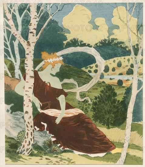 L'Estampe Moderne: Dans les Bois: Dans les Bois, 1899. Eugène Grasset (French, 1841-1917), Imprimerie Champenois. Color lithograph from bound volume containing 50 lithographs, each with a tissue paper guard; sheet: 21.5 x 18.4 cm (8 7/16 x 7 1/4 in.); image: 21.5 x 18.4 cm (8 7/16 x 7 1/4 in.); secondary support: 40.1 x 30.5 cm (15 13/16 x 12 in.)