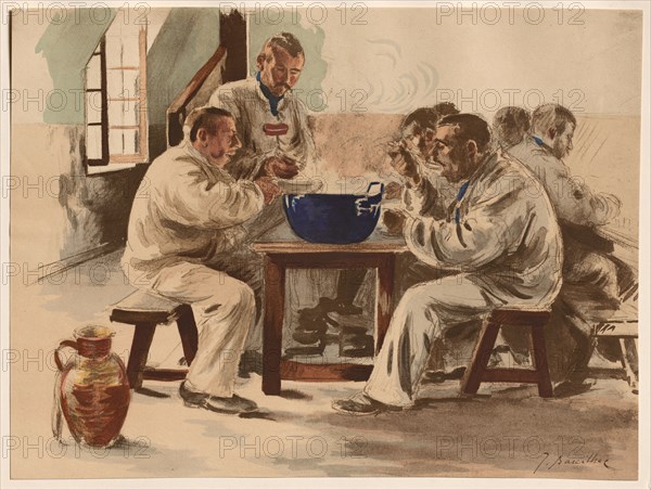 L'Estampe Moderne: La Soupe à la Chambrée, 1899. Jacques Baseilhac (French, 1874-1903), Imprimerie Champenois. Color lithograph from bound volume containing 50 lithographs, each with a tissue paper guard; sheet: 40.2 x 30.4 cm (15 13/16 x 11 15/16 in.); image: 24.5 x 32.6 cm (9 5/8 x 12 13/16 in.)
