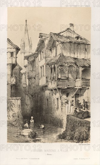 Architecture Pittoresque ou Monuments des xveme. Et xvieme. Siecles: Chateaux De France des XV et XVI Siecles: Pl. 10, Vielles Maisons A Tulle (Correze), 1860. Victor Petit (French, 1817-1874), Charles Boivin (publisher and editor); Lith de Godard a Paris (printer). Lithograph with tint stone, from portfolio of 100 lithographs with tint stone; sheet: 36 x 27.2 cm (14 3/16 x 10 11/16 in.); image: 23 x 14 cm (9 1/16 x 5 1/2 in.)