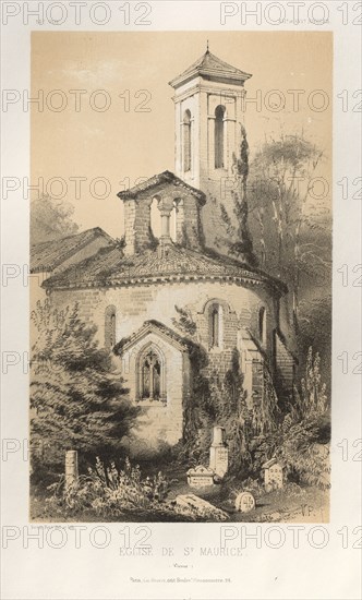 Architecture Pittoresque ou Monuments des xveme. Et xvieme. Siecles: Chateaux De France des XV et XVI Siecles: Pl.14, Eglise de St. Maurice (Vienne), 1860. Victor Petit (French, 1817-1874), Charles Boivin (publisher and editor); Lith de Godard a Paris (printer). Lithograph with tint stone, from portfolio of 100 lithographs with tint stone; sheet: 35.6 x 27.6 cm (14 x 10 7/8 in.); image: 23.7 x 14 cm (9 5/16 x 5 1/2 in.).