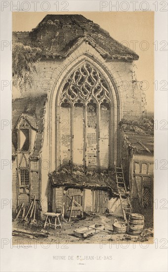 Architecture Pittoresque ou Monuments des xveme. Et xvieme. Siecles: Chateaux De France des XV et XVI Siecles: Pl.17, Ruine De St. Jean-Le-Bas (Aisne), 1860. Victor Petit (French, 1817-1874), Charles Boivin (publisher and editor); Lith de Godard a Paris (printer). Lithograph with tint stone, from portfolio of 100 lithographs with tint stone; sheet: 36.2 x 27.4 cm (14 1/4 x 10 13/16 in.); image: 23 x 14 cm (9 1/16 x 5 1/2 in.)