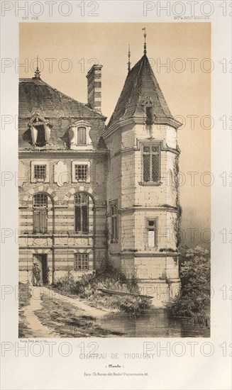 Architecture Pittoresque ou Monuments des xveme. Et xvieme. Siecles: Chateaux De France des XV et XVI Siecles: Pl. 20, Chateau De Thorigny (Manche), published 1860. Victor Petit (French, 1817-1874), Charles Boivin (publisher and editor); Lith de Godard a Paris (printer). Lithograph with tint stone, from portfolio of 100 lithographs with tint stone; sheet: 38.6 x 27.3 cm (15 3/16 x 10 3/4 in.); image: 22.8 x 13.8 cm (9 x 5 7/16 in.).