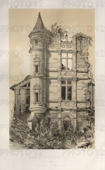 Architecture Pittoresque ou Monuments des xveme. Et xvieme. Siecles: Chateaux De France des XV et XVI Siecles: Pl. 24, Ruines Du Chateau De Champlost (Yonne), published 1860. Victor Petit (French, 1817-1874), Charles Boivin (publisher and editor); Lith de Godard a Paris (printer). Lithograph with tint stone, from portfolio of 100 lithographs with tint stone; sheet: 36 x 27.5 cm (14 3/16 x 10 13/16 in.); image: 23 x 14 cm (9 1/16 x 5 1/2 in.).