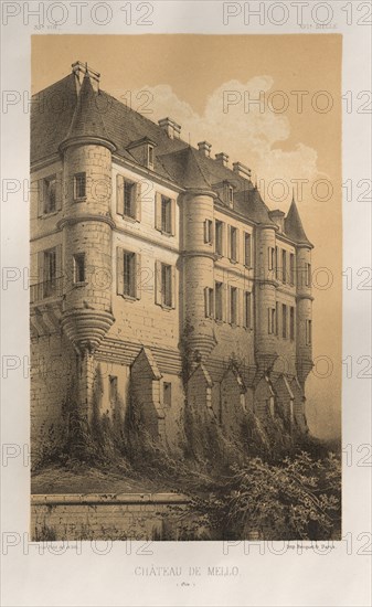 Architecture Pittoresque ou Monuments des xveme. Et xvieme. Siecles: Chateaux De France des XV et XVI Siecles: Pl. 35, Château De Mello (Oise), 1860. Victor Petit (French, 1817-1874), Charles Boivin (publisher and editor); Lith de Godard a Paris (printer). Lithograph with tint stone, from portfolio of 100 lithographs with tint stone; sheet: 35.6 x 27 cm (14 x 10 5/8 in.); image: 22.9 x 14 cm (9 x 5 1/2 in.)