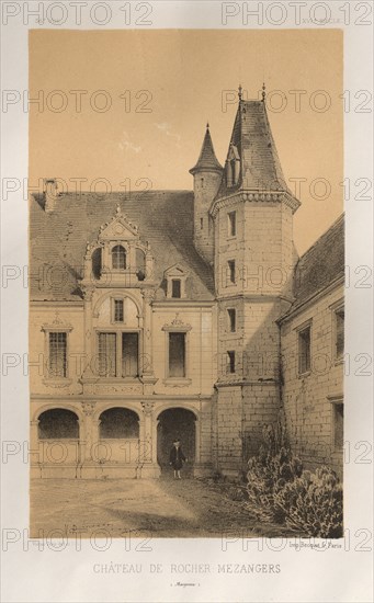 Architecture Pittoresque ou Monuments des xveme. Et xvieme. Siecles: Chateaux De France des XV et XVI Siecles: Pl. 36, Château De Rocher Mezangers (Mayenne), 1860. Victor Petit (French, 1817-1874), Charles Boivin (publisher and editor); Lith de Godard a Paris (printer). Lithograph with tint stone, from portfolio of 100 lithographs with tint stone; sheet: 36.1 x 27.4 cm (14 3/16 x 10 13/16 in.); image: 22.8 x 14.1 cm (9 x 5 9/16 in.).