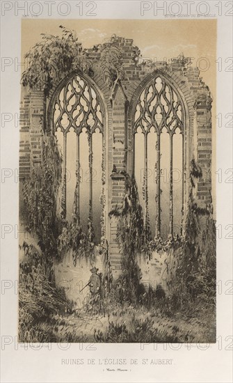 Architecture Pittoresque ou Monuments des xveme. Et xvieme. Siecles: Chateaux De France des XV et XVI Siecles: Pl. 38, Ruines De L'Église De St. Aubert (Haute-Marne), 1860. Victor Petit (French, 1817-1874), Charles Boivin (publisher and editor); Lith de Godard a Paris (printer). Lithograph with tint stone, from portfolio of 100 lithographs with tint stone; sheet: 35.8 x 27.5 cm (14 1/8 x 10 13/16 in.); image: 23 x 14 cm (9 1/16 x 5 1/2 in.).