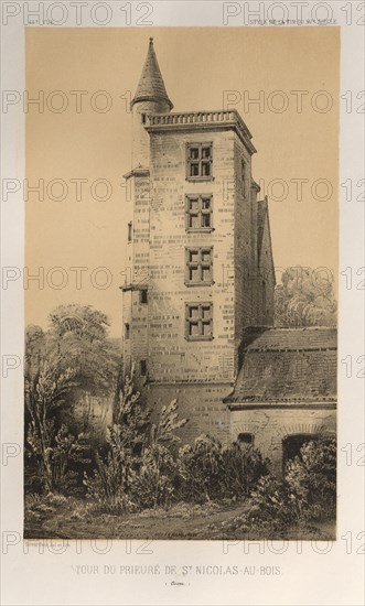 Architecture Pittoresque ou Monuments des xveme. Et xvieme. Siecles: Chateaux De France des XV et XVI Siecles: Pl. 44, Tour Du Prieuré De St. Nicolas-Au-Bois (Aisne), 1860. Victor Petit (French, 1817-1874), Charles Boivin (publisher and editor); Lith de Godard a Paris (printer). Lithograph with tint stone, from portfolio of 100 lithographs with tint stone; sheet: 35.5 x 27.3 cm (14 x 10 3/4 in.); image: 23 x 14.1 cm (9 1/16 x 5 9/16 in.).