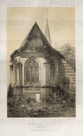 Architecture Pittoresque ou Monuments des XVeme. Et XVIeme. Siecles: Chateaux de France des XV et XVI Siecles: Pl. 56, Église Du Tilleul (Seine inférieure), 1860. Victor Petit (French, 1817-1874), Charles Boivin (publisher and editor); Lith de Godard a Paris (printer). Lithograph with tint stone, from portfolio of 100 lithographs with tint stone; sheet: 35.7 x 27.6 cm (14 1/16 x 10 7/8 in.); image: 22.8 x 14.1 cm (9 x 5 9/16 in.)