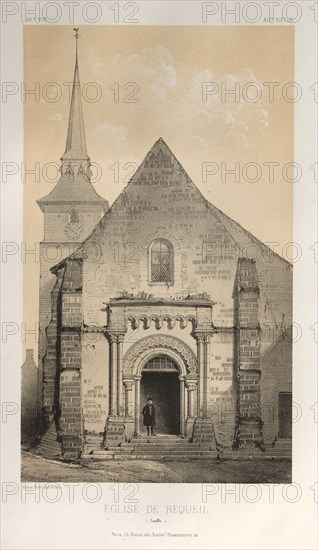 Architecture Pittoresque ou Monuments des XVeme. Et XVIeme. Siecles: Chateaux de France des XV et XVI Siecles: Pl. 58, Église De Requeil (Sarthe), 1860. Victor Petit (French, 1817-1874), Charles Boivin (publisher and editor); Lith de Godard a Paris (printer). Lithograph with tint stone, from portfolio of 100 lithographs with tint stone; sheet: 35.7 x 27.3 cm (14 1/16 x 10 3/4 in.); image: 23.6 x 13.9 cm (9 5/16 x 5 1/2 in.)