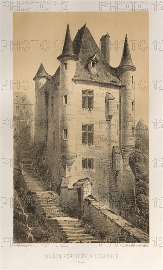 Architecture Pittoresque ou Monuments des XVeme. Et XVIeme. Siecles: Chateaux de France des XV et XVI Siecles: Pl. 60, Maison Fortifiée À Uzerches (Corrère), 1860. Victor Petit (French, 1817-1874), Charles Boivin (publisher and editor); Lith de Godard a Paris (printer). Lithograph with tint stone, from portfolio of 100 lithographs with tint stone; sheet: 36.1 x 27.3 cm (14 3/16 x 10 3/4 in.); image: 23.9 x 14 cm (9 7/16 x 5 1/2 in.)