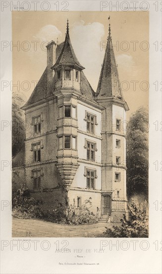 Architecture Pittoresque ou Monuments des XVeme. Et XVIeme. Siecles: Chateaux de France des XV et XVI Siecles: Pl. 61, Ancien Fief De Fley (Nièvre), 1860. Victor Petit (French, 1817-1874), Charles Boivin (publisher and editor); Lith de Godard a Paris (printer). Lithograph with tint stone, from portfolio of 100 lithographs with tint stone; sheet: 35.6 x 27.4 cm (14 x 10 13/16 in.); image: 22.9 x 14 cm (9 x 5 1/2 in.)