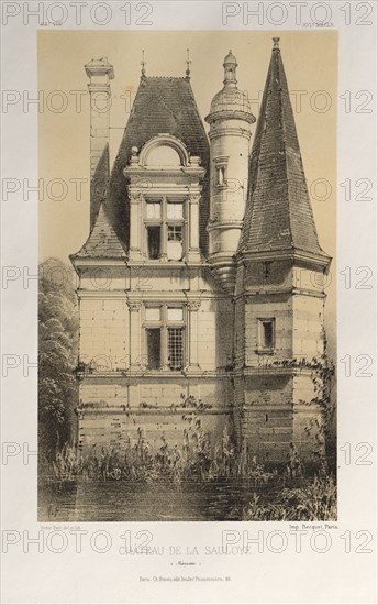 Architecture Pittoresque ou Monuments des XVeme. Et XVIeme. Siecles: Chateaux de France des XV et XVI Siecles: Pl. 64, Château De La Sauloye (Mayenne), 1860. Victor Petit (French, 1817-1874), Charles Boivin (publisher and editor); Lith de Godard a Paris (printer). Lithograph with tint stone, from portfolio of 100 lithographs with tint stone; sheet: 36.2 x 27.4 cm (14 1/4 x 10 13/16 in.); image: 22.9 x 14 cm (9 x 5 1/2 in.).