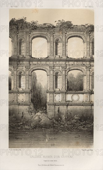 Architecture Pittoresque ou Monuments des XVeme. Et XVIeme. Siecles: Chateaux de France des XV et XVI Siecles: Pl. 74, Galerie Ruinée D'Un Château, d'aprés un vieux dessin, 1860. Victor Petit (French, 1817-1874), Charles Boivin (publisher and editor); Lith de Godard a Paris (printer). Lithograph with tint stone, from portfolio of 100 lithographs with tint stone; sheet: 36 x 28 cm (14 3/16 x 11 in.); image: 22.8 x 13.9 cm (9 x 5 1/2 in.)