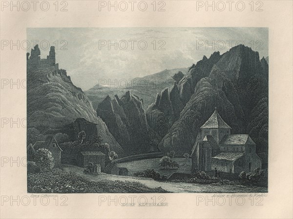 Das Malerische und Romantische Rheinland: Dorf Altenahr, 1928. Henry Winkles (British, 1801-1900), after Theodor Verhas (German, 1811-1872), Kurt Schroeder. Etching in blue; sheet: 24.5 x 32.7 cm (9 5/8 x 12 7/8 in.); platemark: 16.8 x 24.1 cm (6 5/8 x 9 1/2 in.)