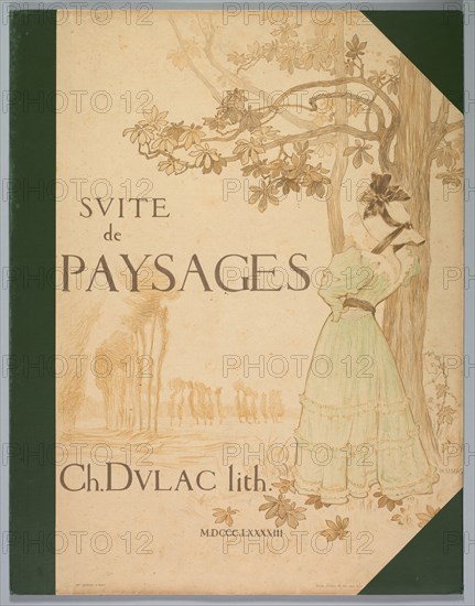 Suite de Paysages: Cover, 1892-1893. Charles Marie Dulac (French, 1865-1898), Eugène Martial Simas (French, 1862-1926), Printer: Monrocq. Color lithograph - Half-bound with green cloth and illustrated with a lithograph by Eugène Martial Simas (French, 1862-1926), printed in three colors; and interior with marbled endpapers.